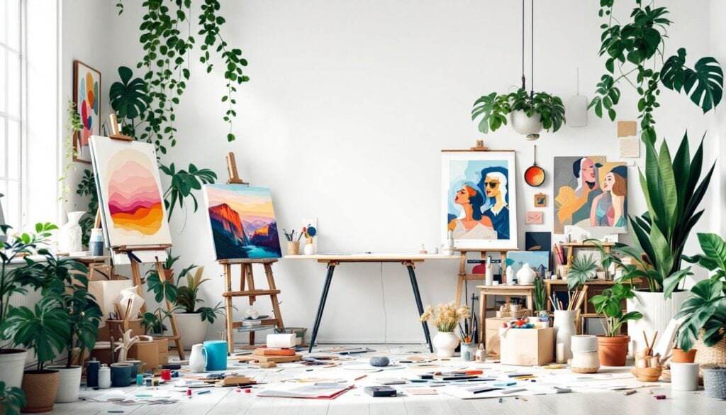 Een rommelig kunstenaarsatelier geïllustreerd de uitdagingen van aspirant-kunstenaars.