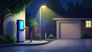Een oprit met een elektrische autolaadstation 's nachts.