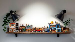 Een verzameling zeldzame en vintage LEGO sets op een rustieke houten plank.