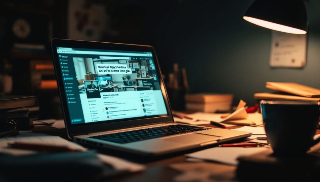 Een LinkedIn-profiel gericht op zakelijke kansen en inkomstenstrategieën op een oude laptop in een informele werkomgeving.