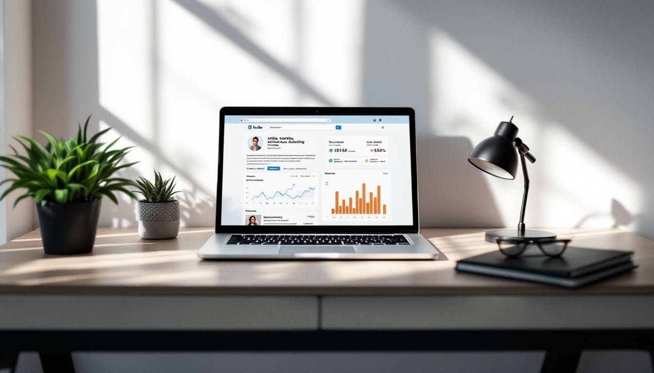 Een moderne thuiskantoor met georganiseerde laptop en LinkedIn profielpagina. Een moderne thuiskantoor met georganiseerde laptop en LinkedIn profielpagina.