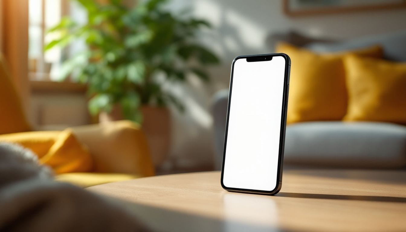 De afbeelding toont een smartphone met wandel-apps in een gezellige woonkamer.