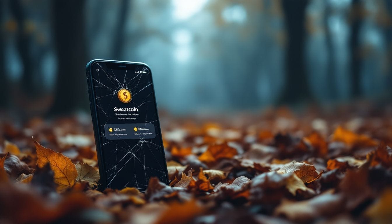 Een mobiele telefoon met een gebarsten scherm toont de Sweatcoin app in een bosrijke omgeving.
