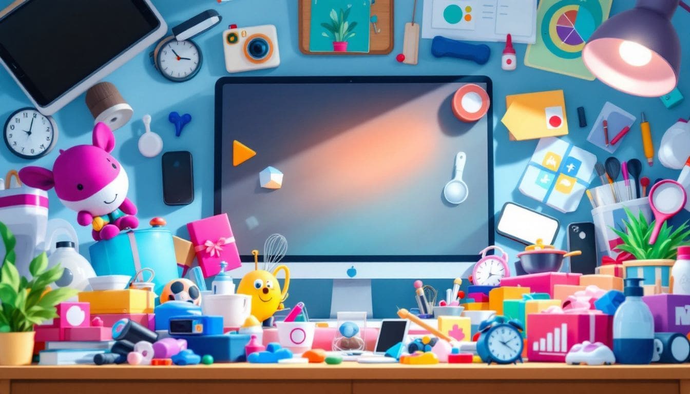 Een rommelig bureau vol met nieuwe producten, zoals elektronica, speelgoed en keukengadgets. Een rommelig bureau vol met nieuwe producten, zoals elektronica, speelgoed en keukengadgets.