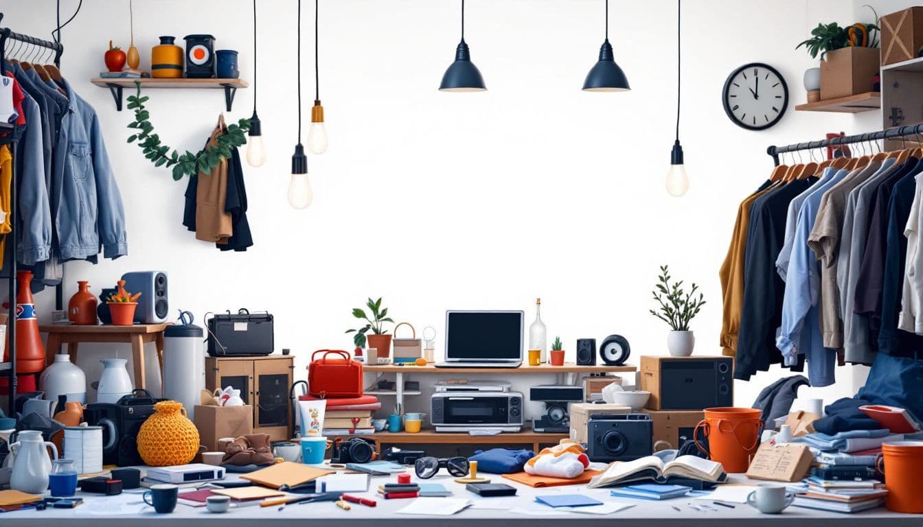 Een rommelige kamer met items voor online verkoop op Marktplaats.