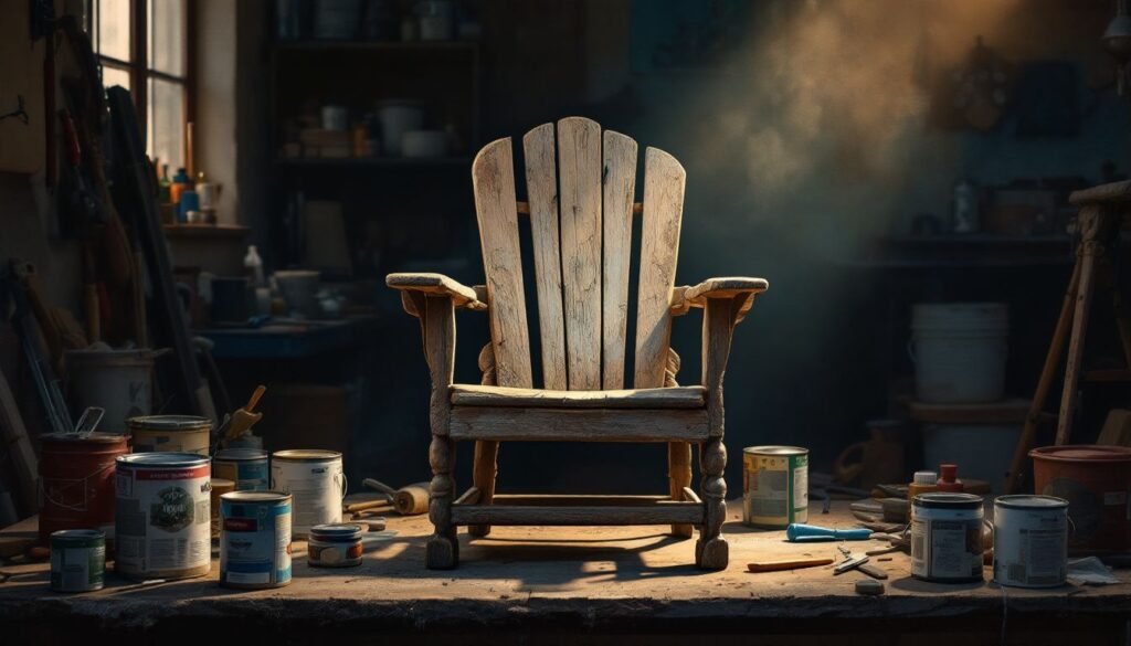 Een oude houten stoel in een werkplaats, klaar voor restauratie.
