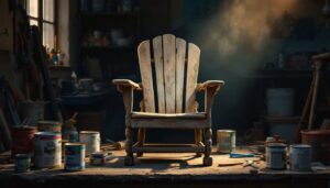 Een oude houten stoel in een werkplaats, klaar voor restauratie.