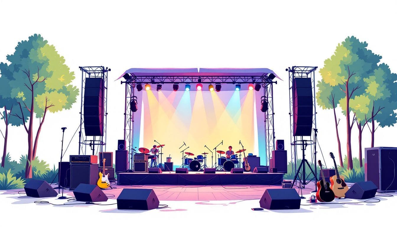 Een levendig podium op een openlucht muziekfestival vol met instrumenten.