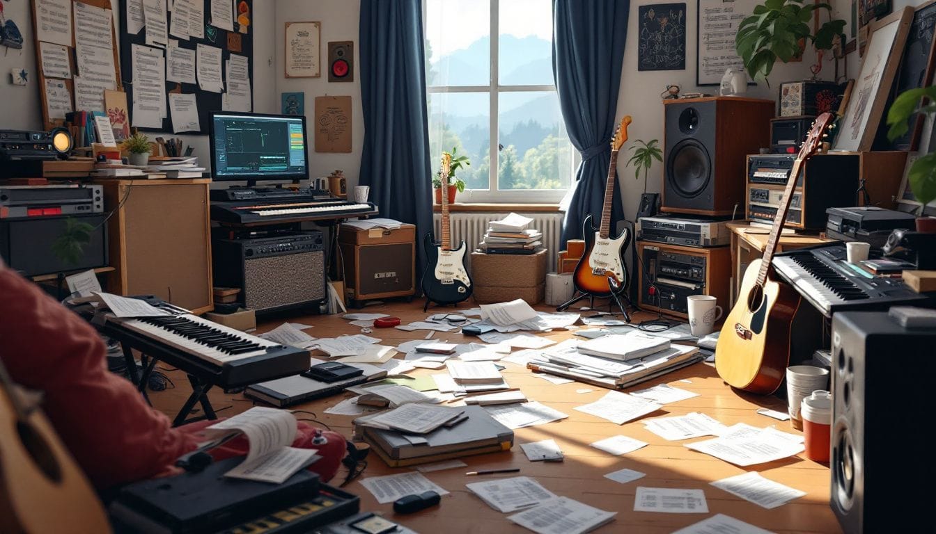 Een rommelige thuisstudio met muziekinstrumenten en computerapparatuur.