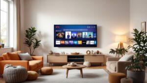 Een gezellige woonkamer met een grote flatscreen-tv en comfortabele meubels.