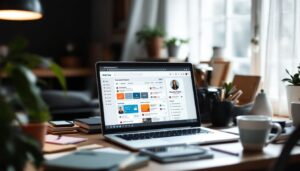 Een open laptop toont een georganiseerd OnlyFans-account dashboard in een gezellig thuiskantoor.