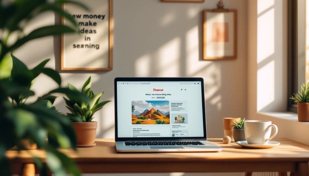 Een gezellig thuiskantoor met inspirerende decoraties en laptop.