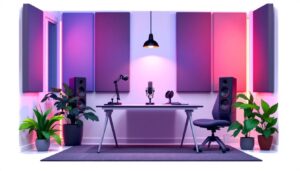 Een modern ontworpen opnamestudio met podcastapparatuur.