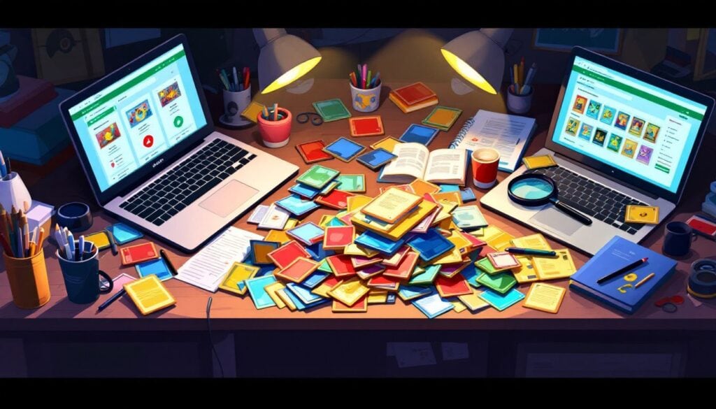 Een rommelig bureau met Pokémon kaarten, laptop en prijsgids.