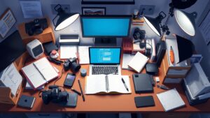 Een rommelig kantoor voor het maken van volwassen inhoud.