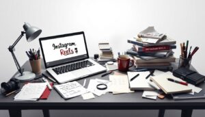 Een rommelig bureau met open laptop en koffiekopje.