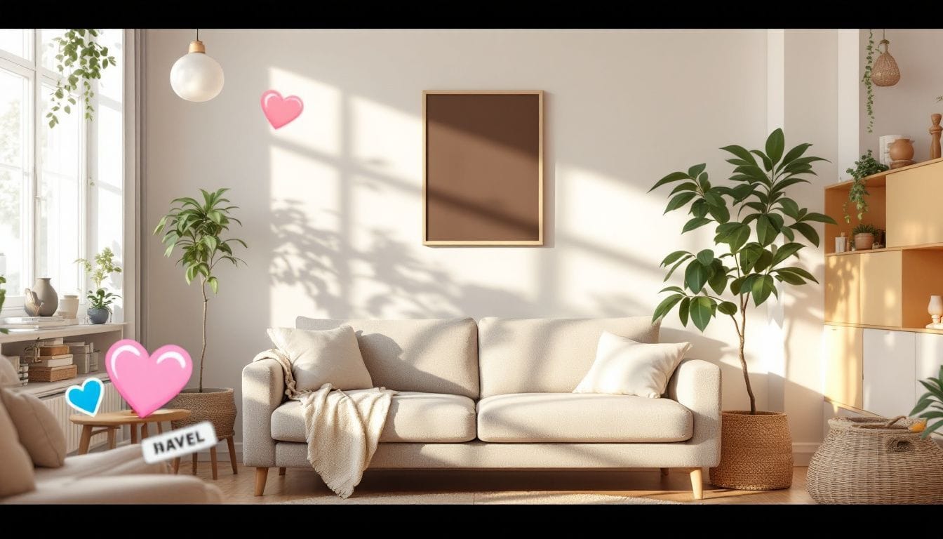 Een gezellige woonkamer met een flat design Instagram Reel.