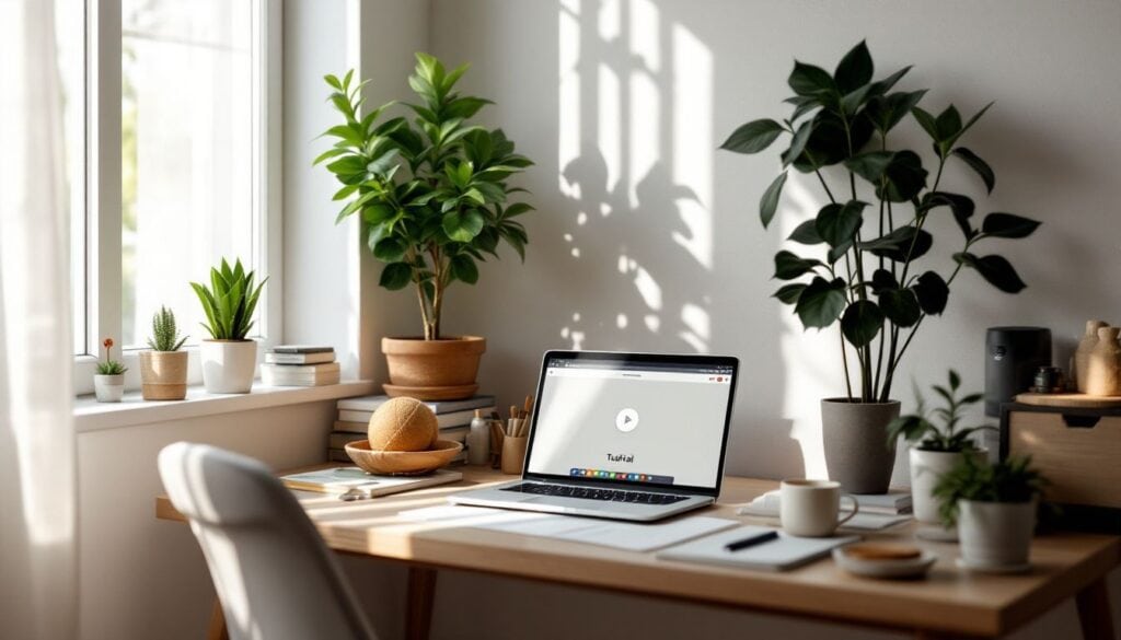 Een gezellig thuiskantoor met open laptop en rommelige bureau.