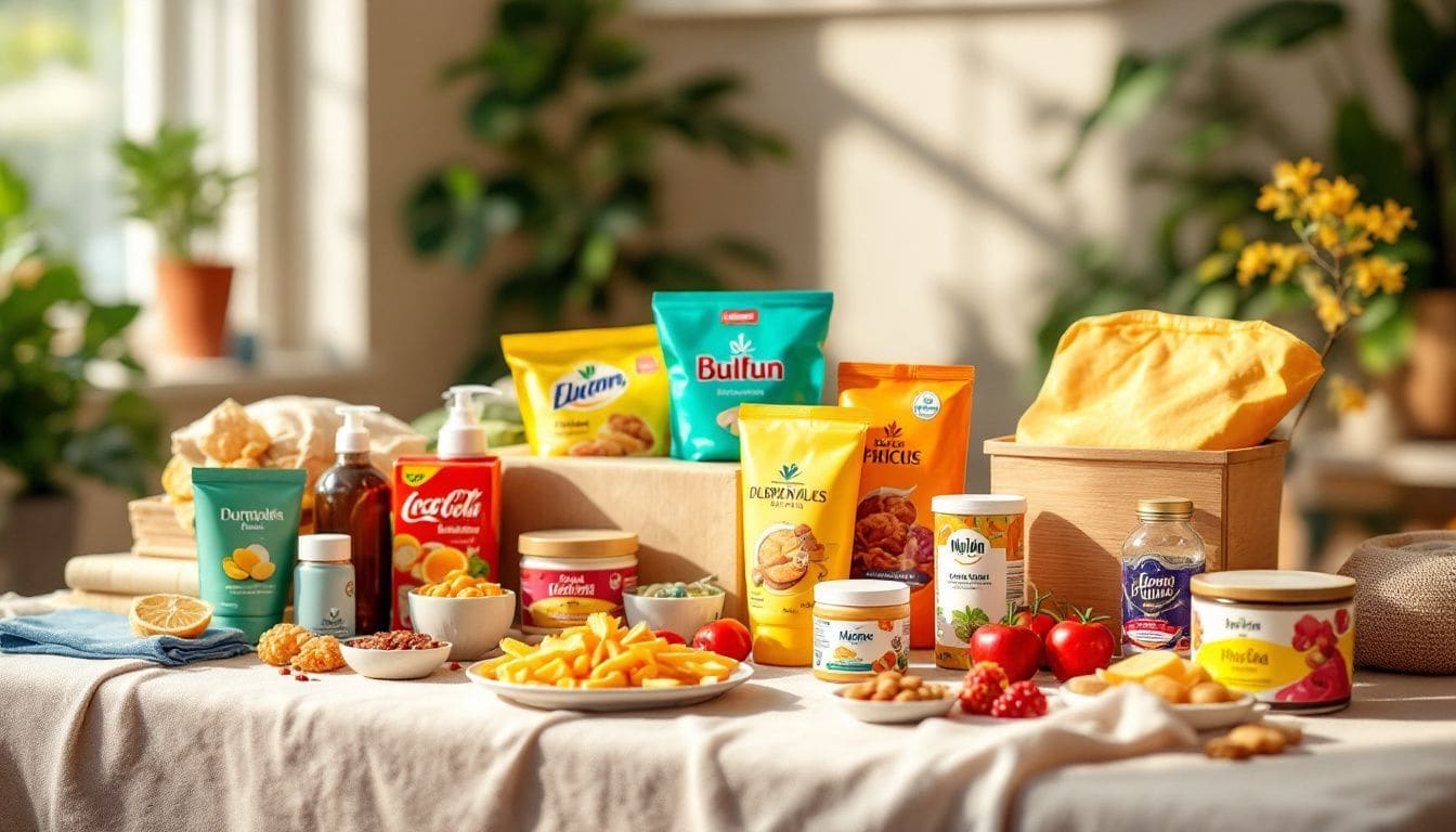 Een assortiment van producten van verschillende merken op een tafel. Een assortiment van producten van verschillende merken op een tafel.