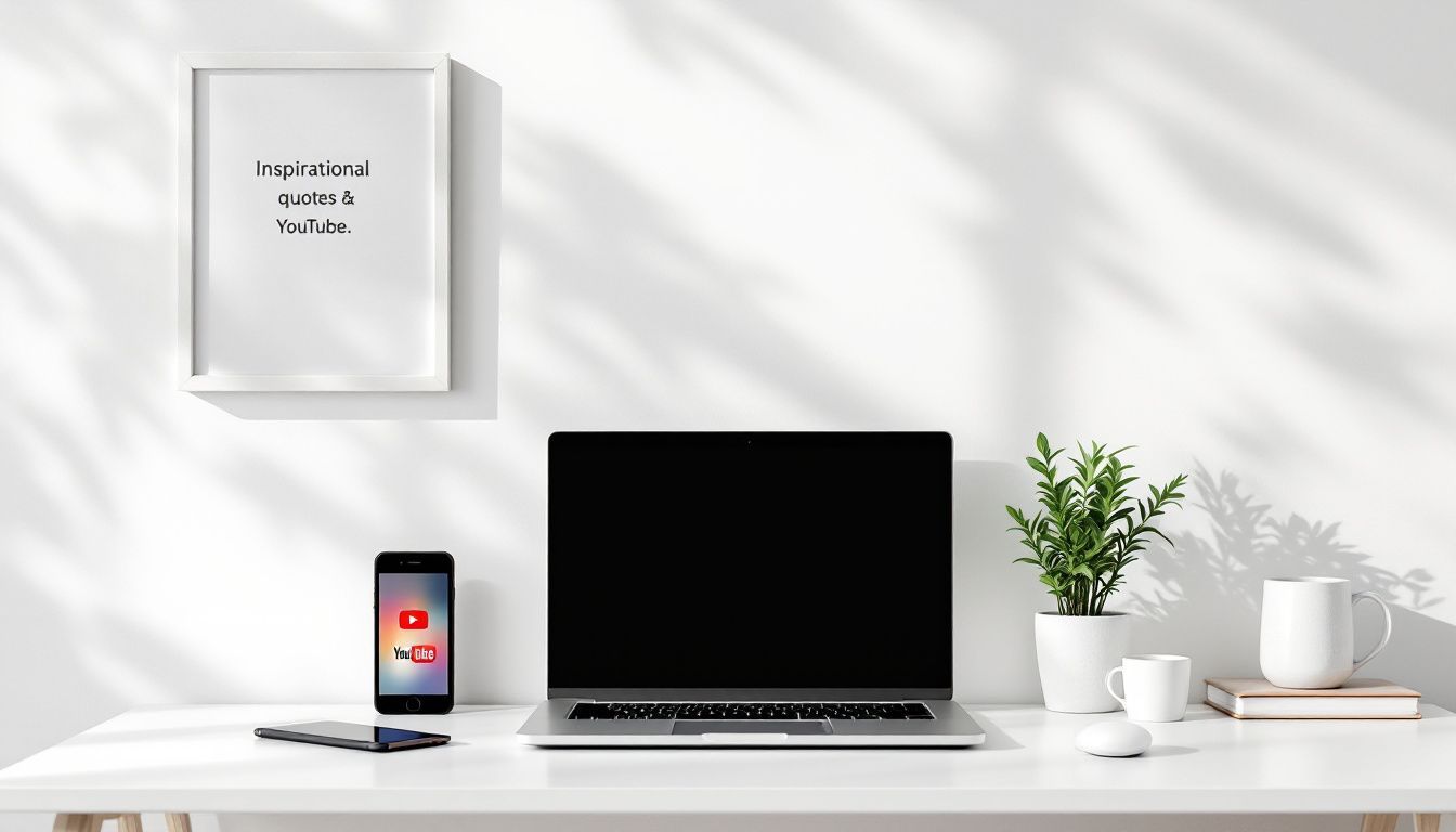 Een minimalistische thuiskantoor met laptop, smartphone en inspirerende citaten.