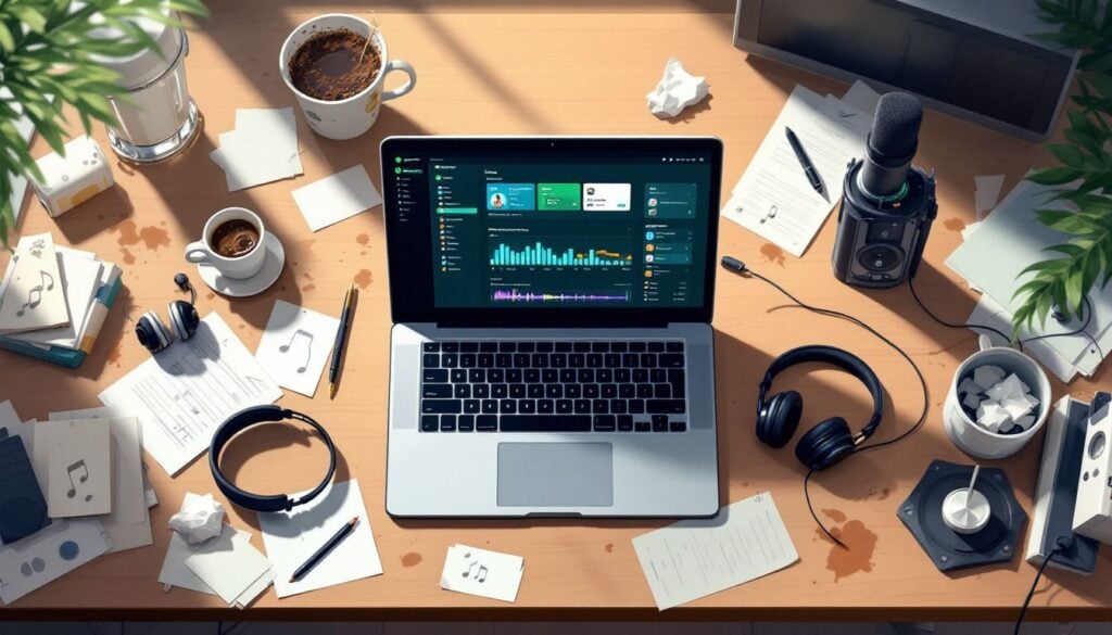Een rommelig thuiskantoor met een open laptop en muziekspullen.
