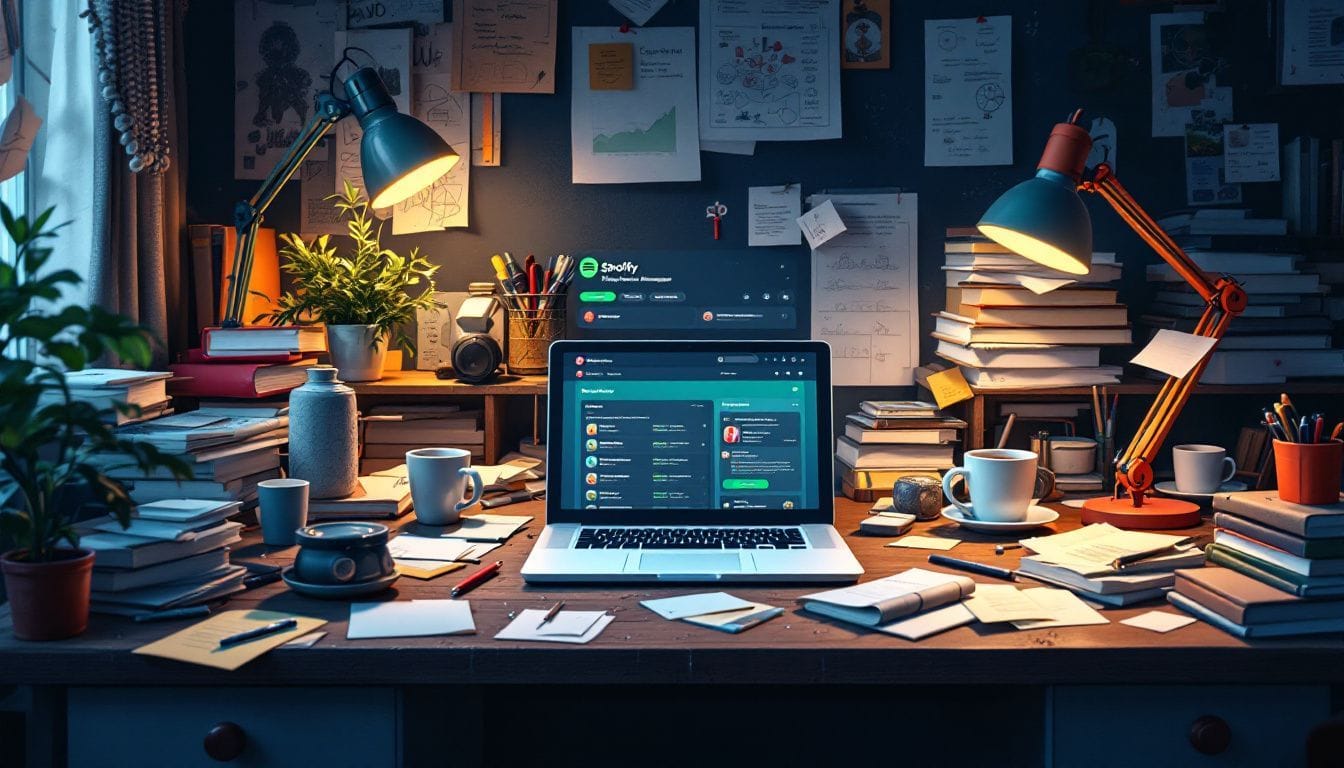 Een rommelig thuiskantoor met een open laptop en chaotische bureau.