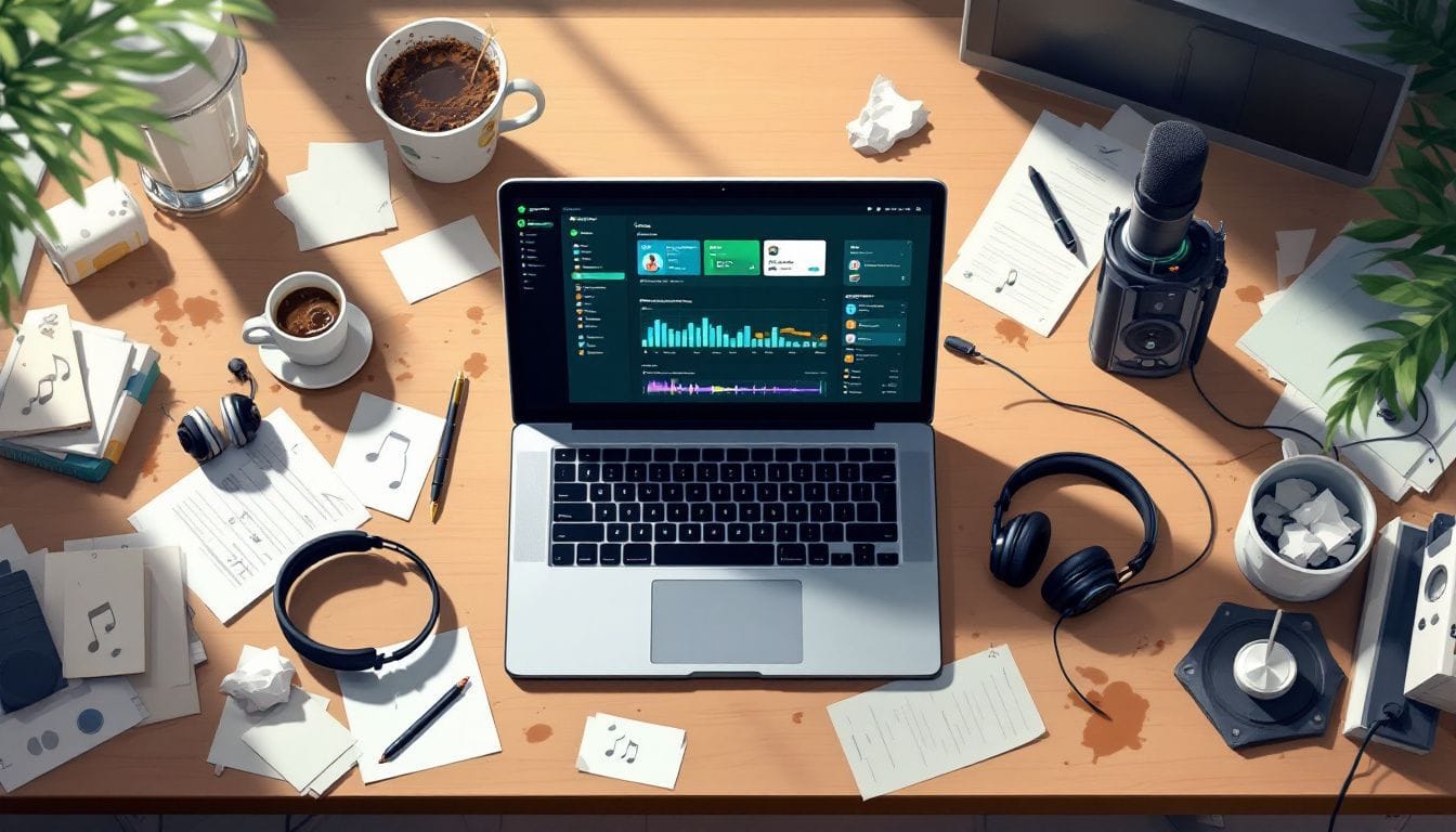 Een rommelig thuiskantoor met een open laptop en muziekspullen.
