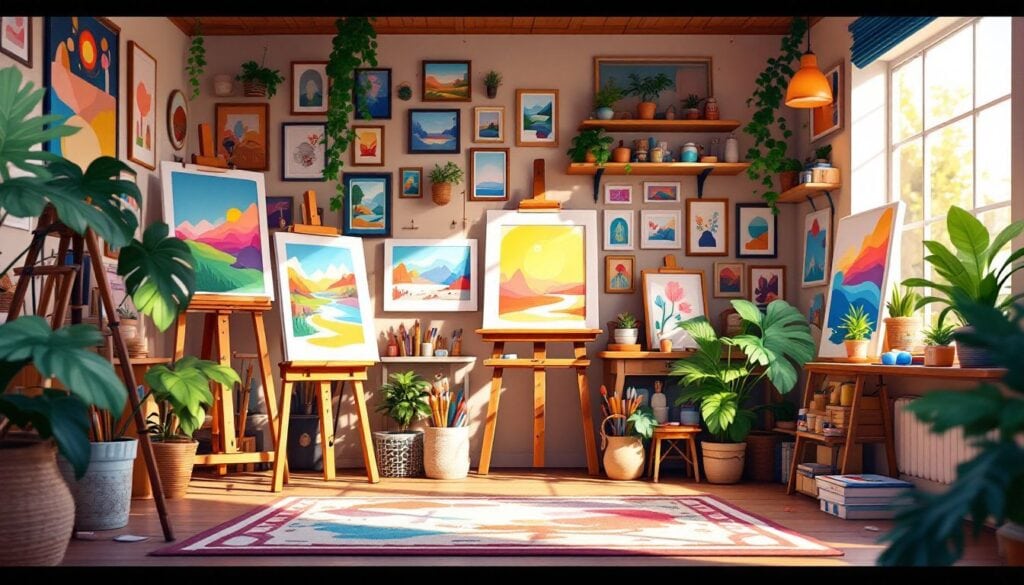 Een gezellige kunststudio met diverse kunstwerken en creatieve sfeer.