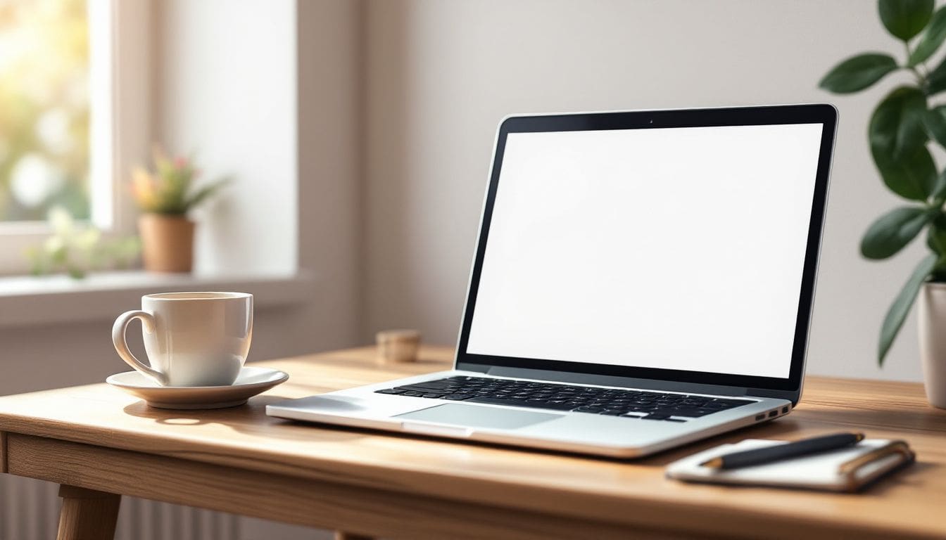 Een laptop op een bureau in een gezellig thuiskantoor met koffie.
