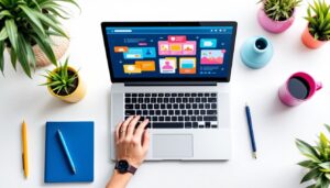 Een laptop toont verschillende methoden voor website-monetarisering in een thuiskantoor setting.