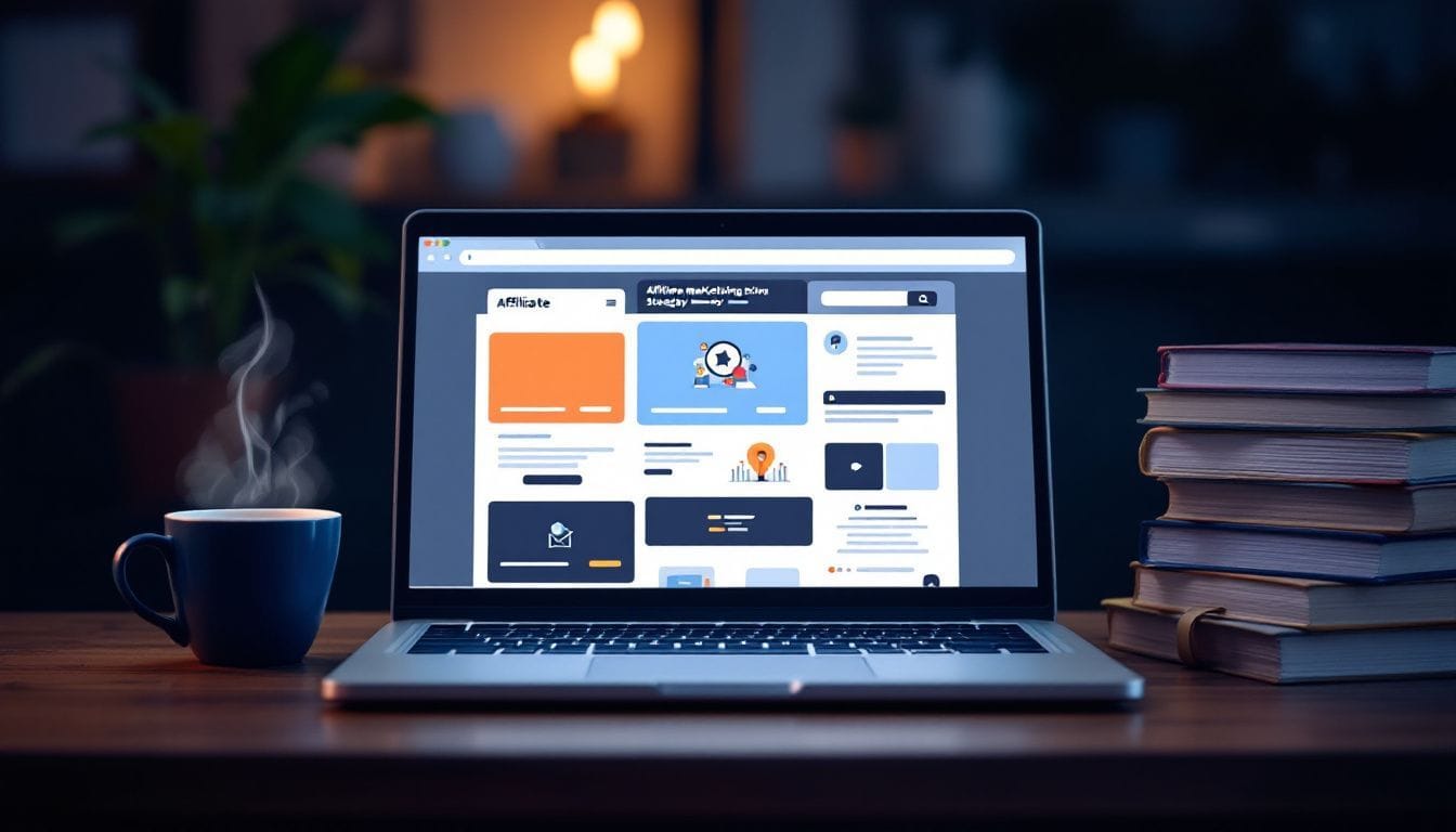 Een laptop toont affiliate marketing websites omringd door marketing strategie boeken.