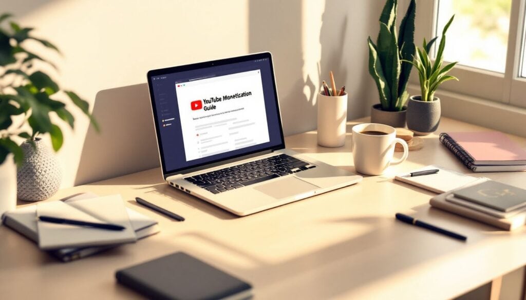 Een opgeruimd thuiskantoor met open laptop en koffie.