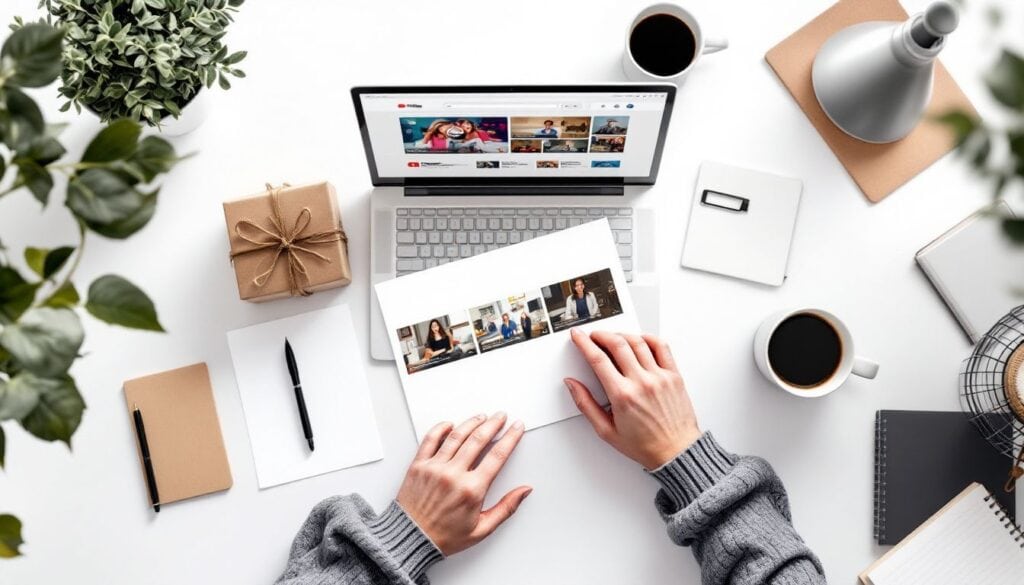 Een opgeruimd bureau met laptop, koffie en notities.