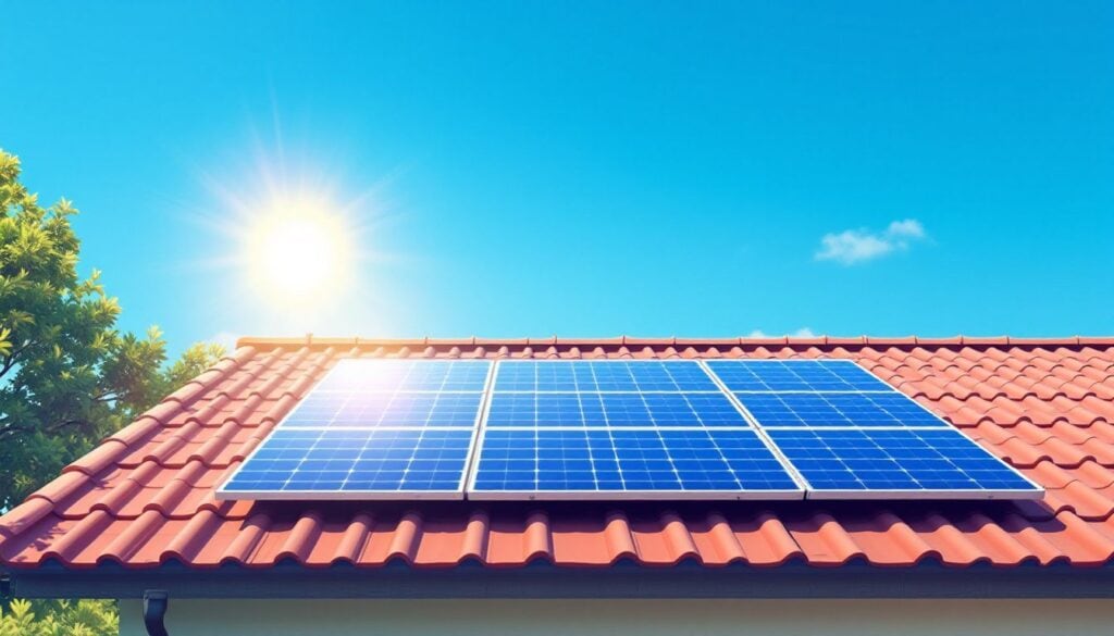 Een dak gevuld met zonnepanelen onder een stralend blauwe lucht.