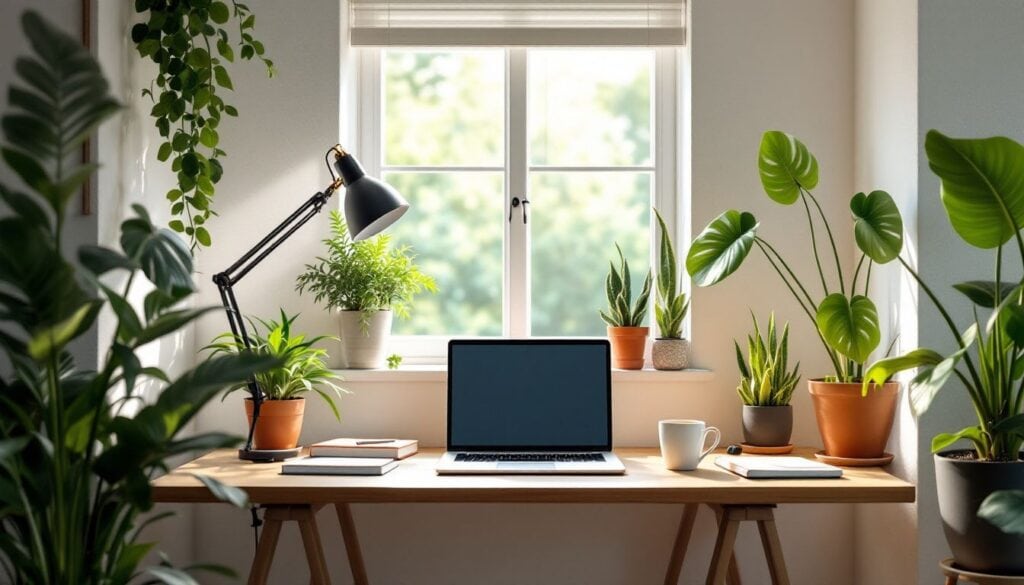 Een gezellig thuiskantoor met planten, laptop en koffie.