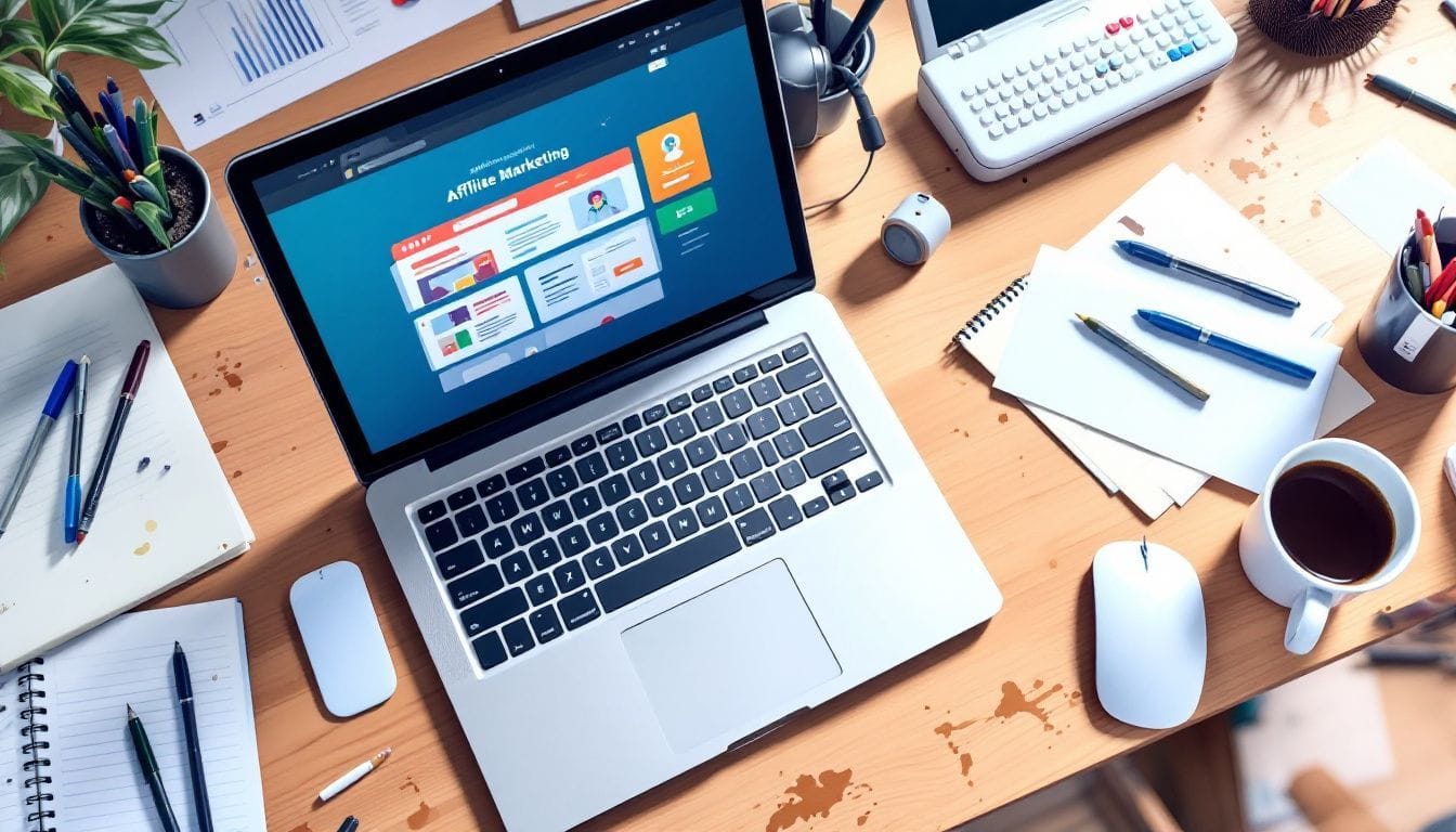 Een rommelig thuiskantoor met open laptop en notitieblokken.