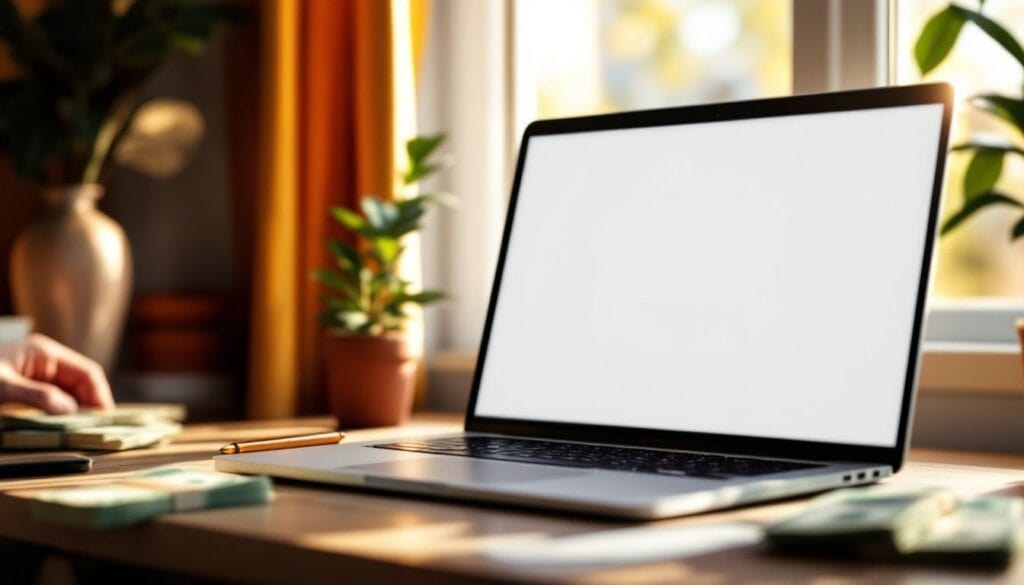 Een laptop toont de Google Opinion Rewards app met geld en pen.