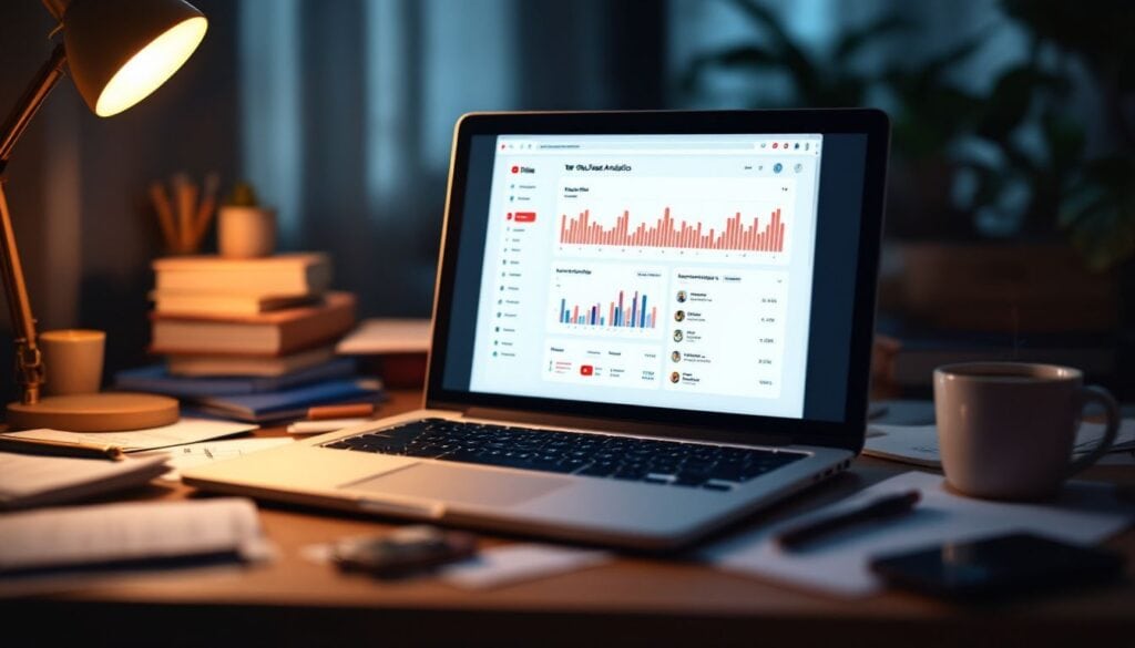 Een open laptop met YouTube-analyse op een rommelig bureau.