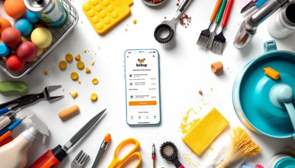Een rommelig aanrecht met Bebop app voor klusjes in de buurt.