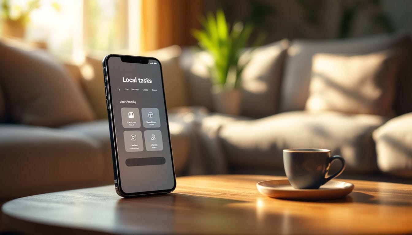 Een smartphone met een gebruiksvriendelijke app-interface op een salontafel.