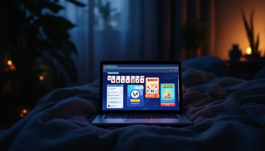 Een gezellige kamer verlicht door laptop met online games.