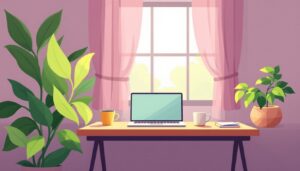 Een gezellig thuiskantoor met laptop, notitieboek en koffiemok.