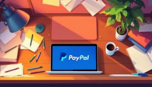 Een rommelig thuiskantoor met open laptop en PayPal-logo.