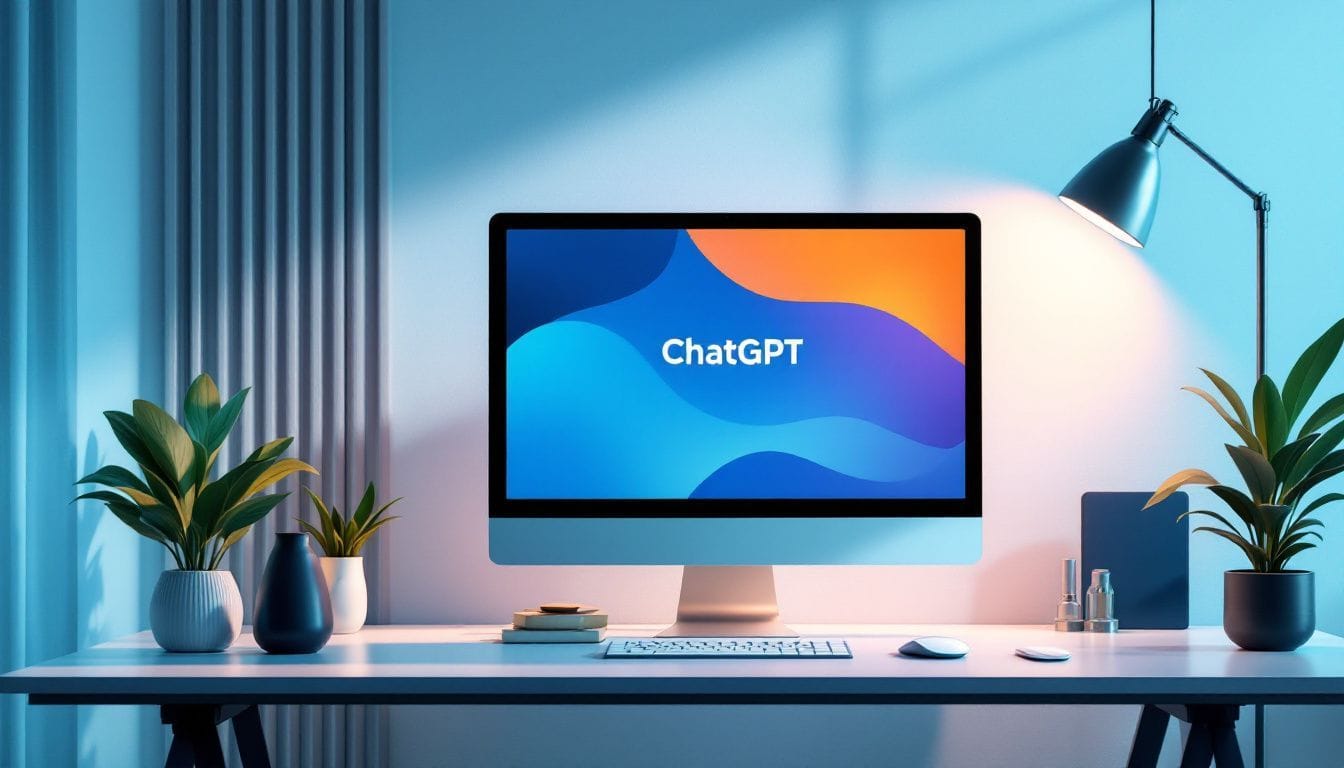 Een moderne werkruimte met een strak computerbeeld en minimalistische inrichting.