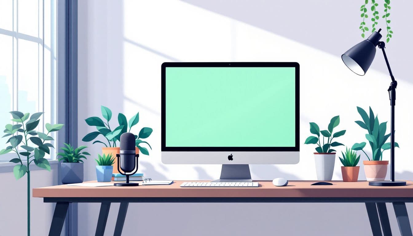 Een modern thuiskantoor met computer, microfoon, notitieblok en planten.