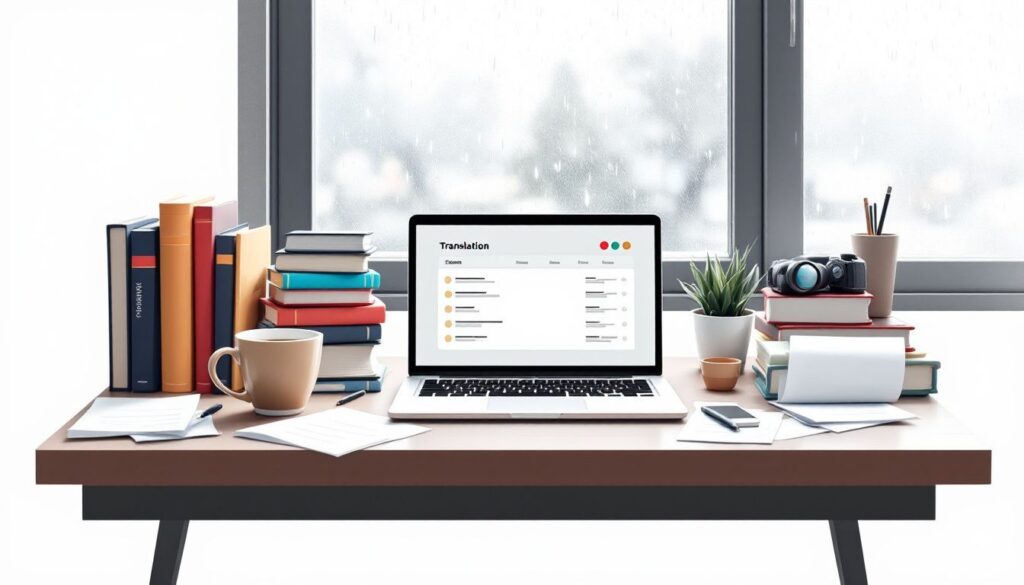 Een rommelig bureau met vertaalgereedschappen en koffiebeker op een regenachtige dag.