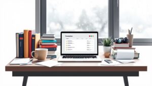 Een rommelig bureau met vertaalgereedschappen en koffiebeker op een regenachtige dag.