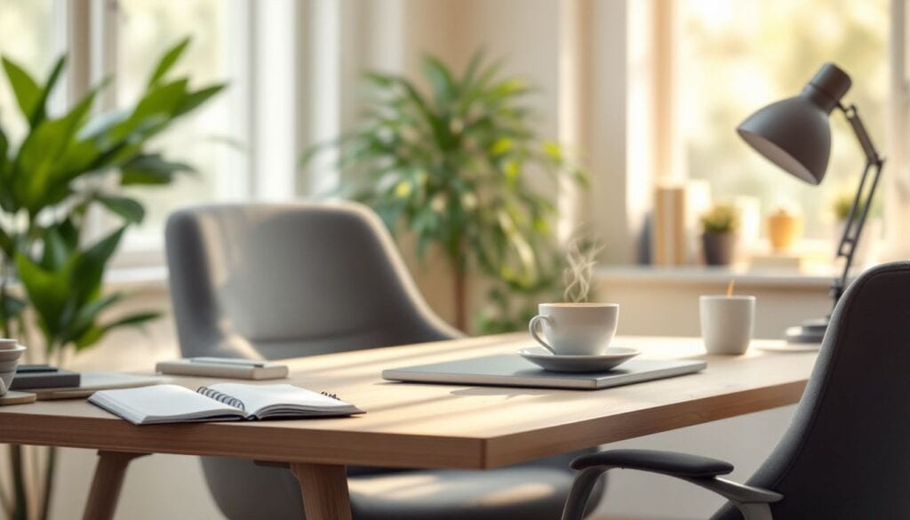 Een goed georganiseerde thuiskantoor met laptop, notitieboek en koffie.
