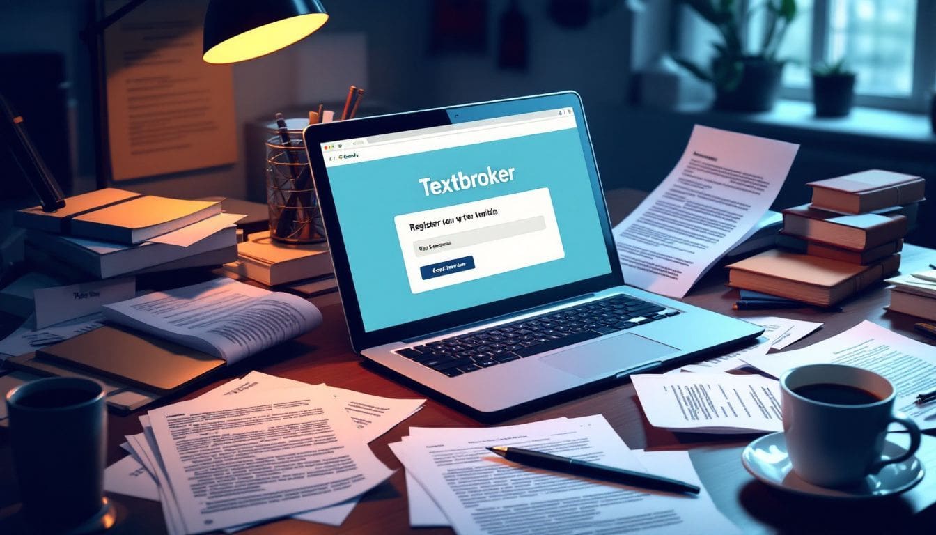 Een rommelig bureau met een open laptop en schrijfvoorbeelden. Een rommelig bureau met een open laptop en schrijfvoorbeelden.