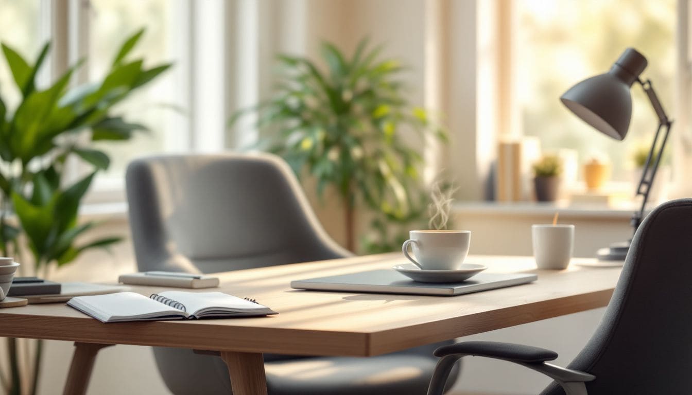 Een goed georganiseerde thuiskantoor met laptop, notitieboek en koffie.